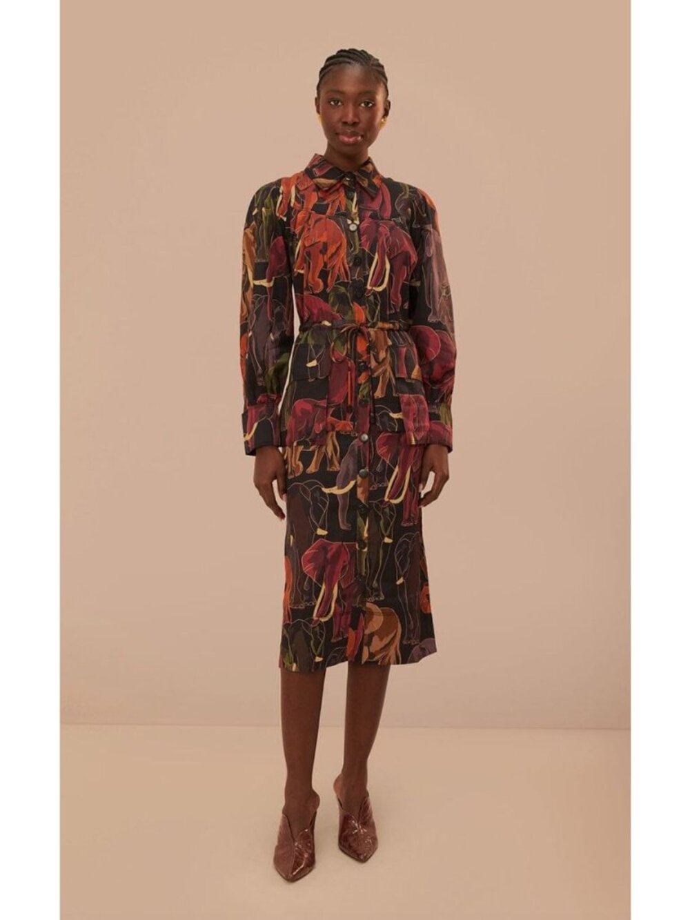 Farm Rio Elephants Brown Long Sleeve Midi Dress Safari Trench Button Front Sz Sm